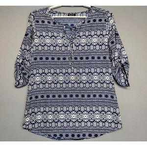 Antila Femme‎ Shirt Womens Medium Navy White Ikat Split Neck Tunic 3/4 Roll Tab